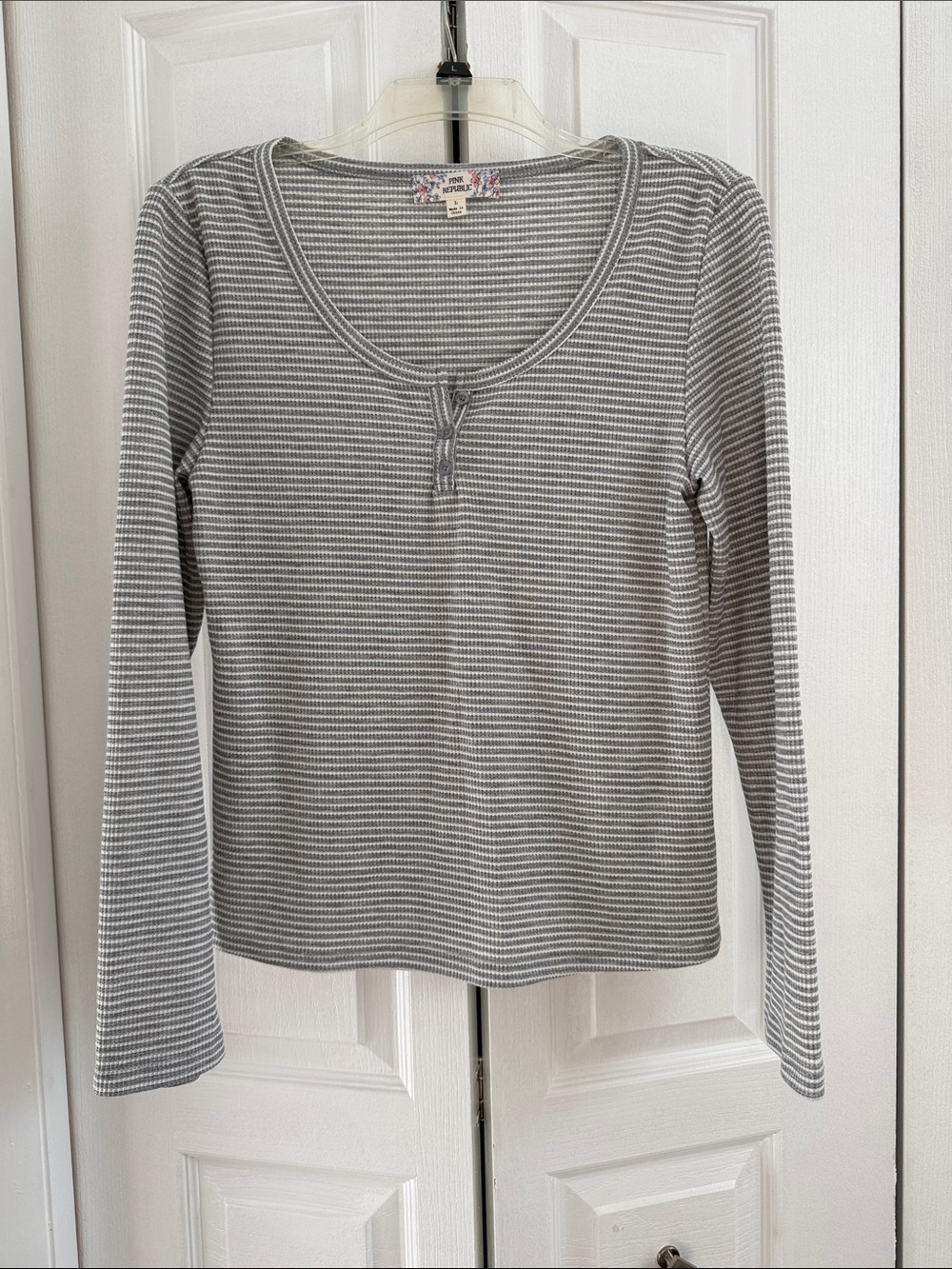 Pink Republic Gray & White Striped Long-Sleeve Henley
